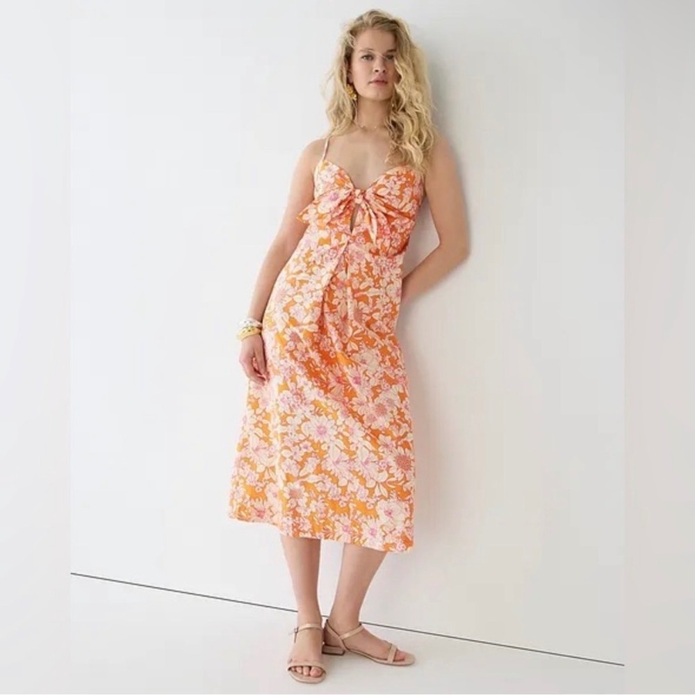 J.Crew Tie-Front Orange Floral Cotton Poplin Midi Dress Size XS